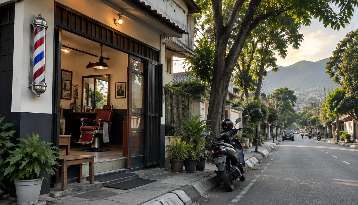 Photo of a one-chair roadside barbershop on a tree-lined street in Bandung, with a barber pole, parked scooter and hills behind